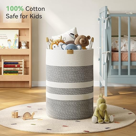 95L Foldable Laundry Basket with Leather Handles, Large Woven Hamper Grey Stripe
