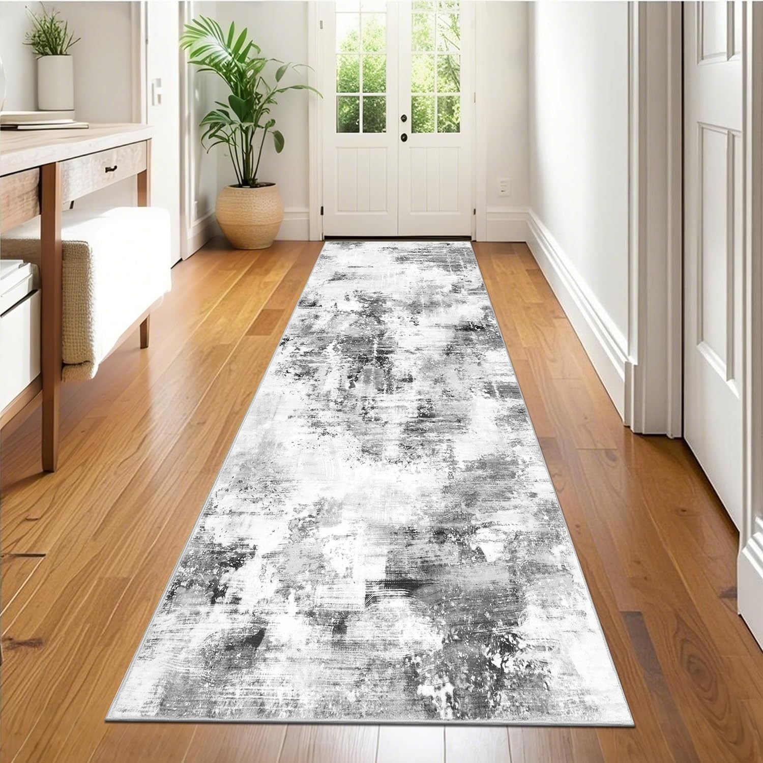 Grey Hallway Runner Rug 80x200cm Non Slip Washable Low Pile Hall Carpet