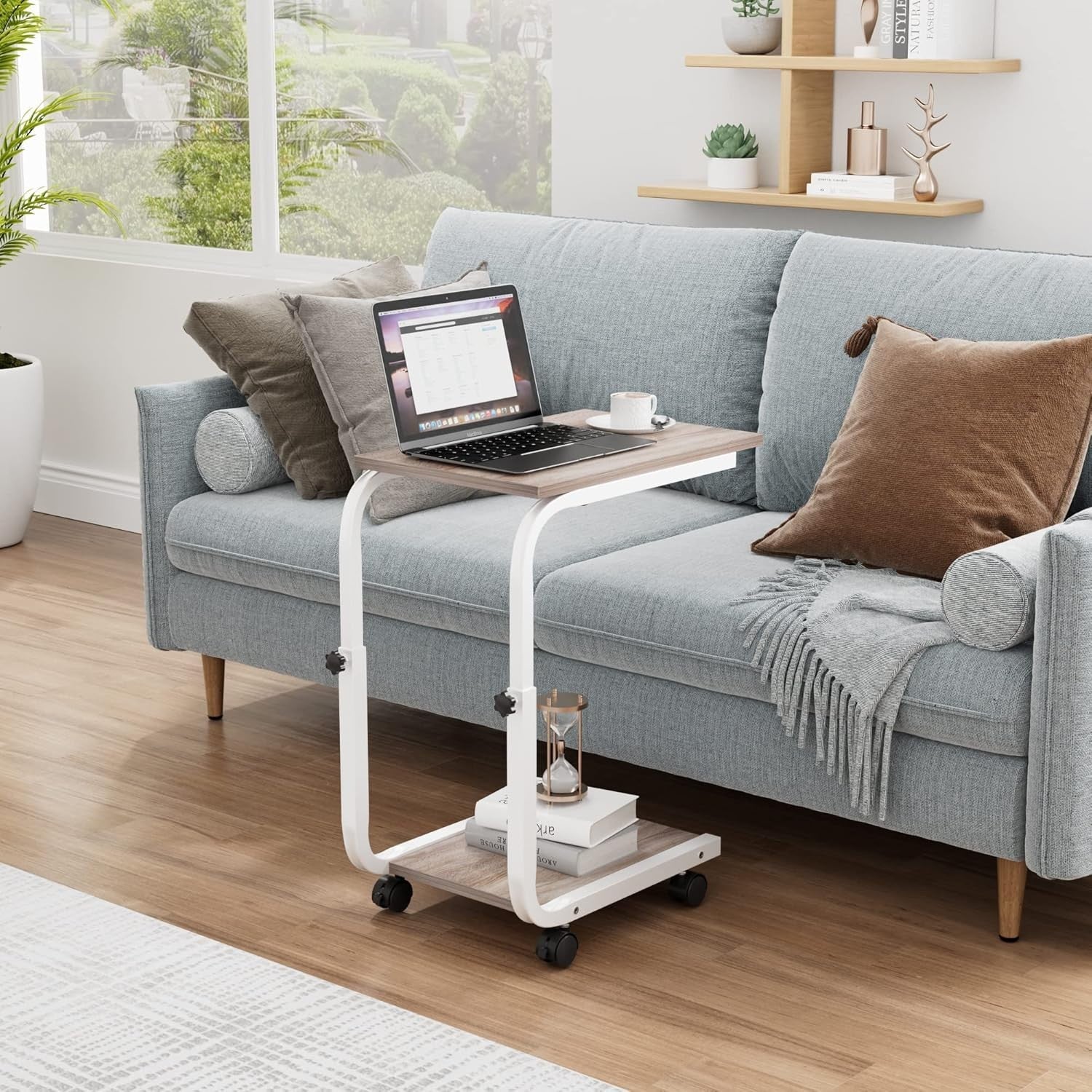 Height Adjustable Side Table – 45x30x65cm End/Bedside Table Oak White