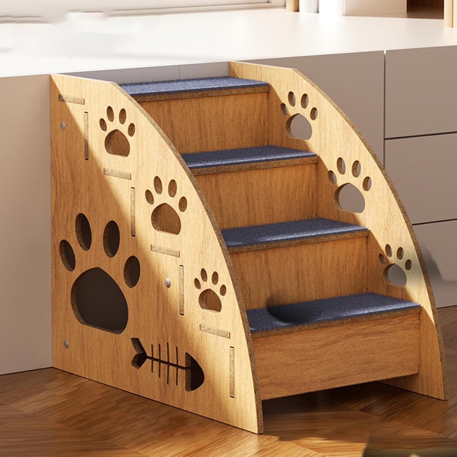 Natural Wood Pet Stairs Non Slip Dog & Cat Bed Steps