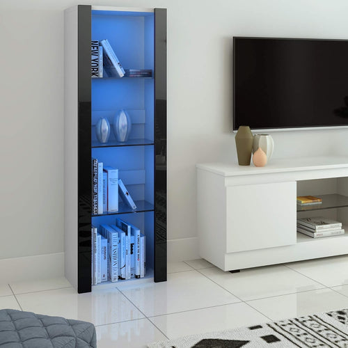 Tall LED Display Cabinet White Matt Black Gloss Glass Shelves Modern Cupboard