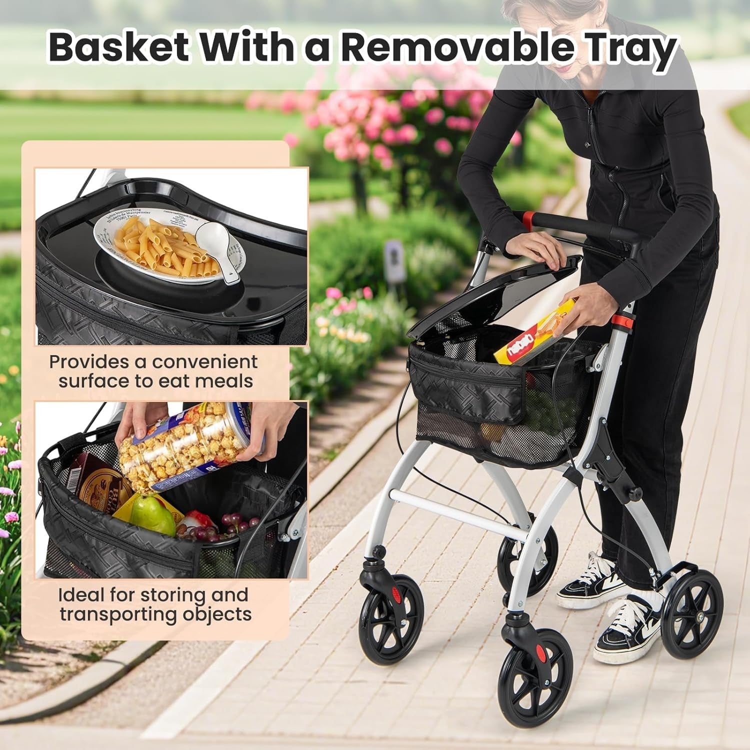 Lightweight Folding Rollator Walker 4 Wheel Basket Brakes Narrow White