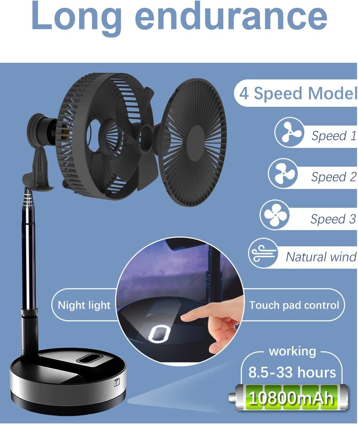 Foldable Rechargeable Fan 10800mAh – 4-Speed Portable Timer Floor Desk Fan Black