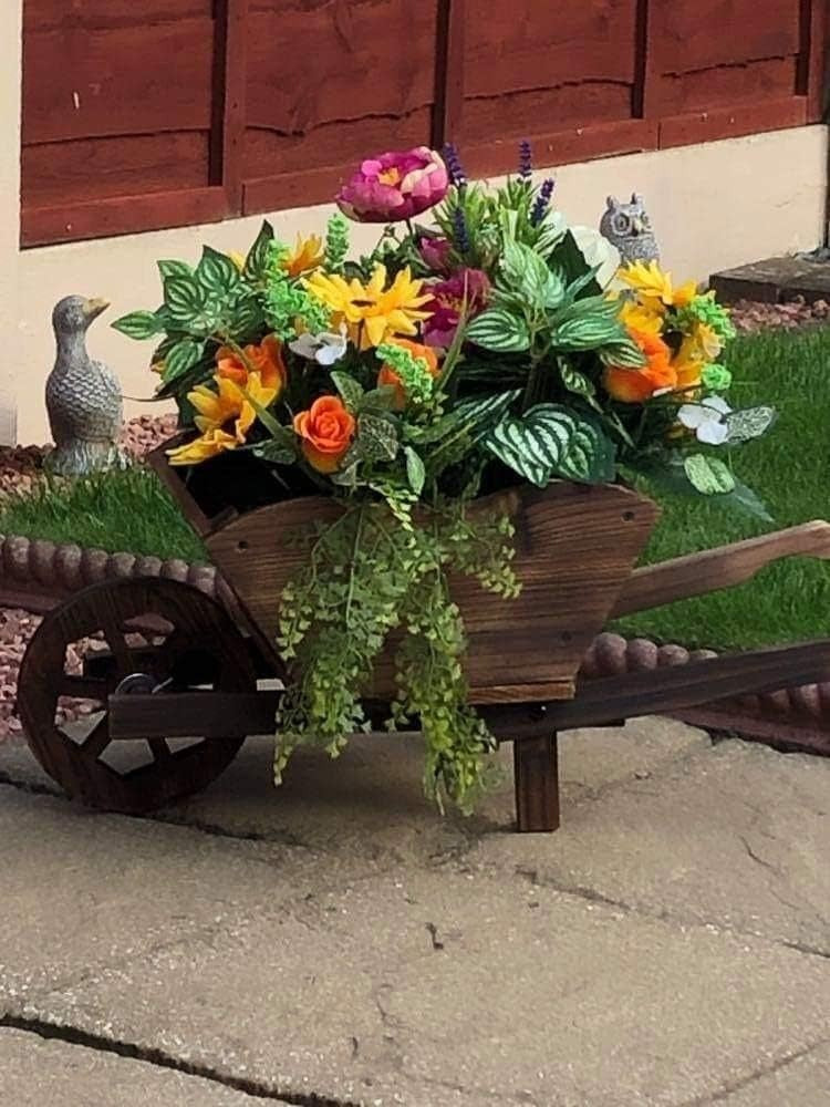 Wooden Wheelbarrow Planter – Rustic Garden Decor w/ Rotating Wheel Heavy Duty