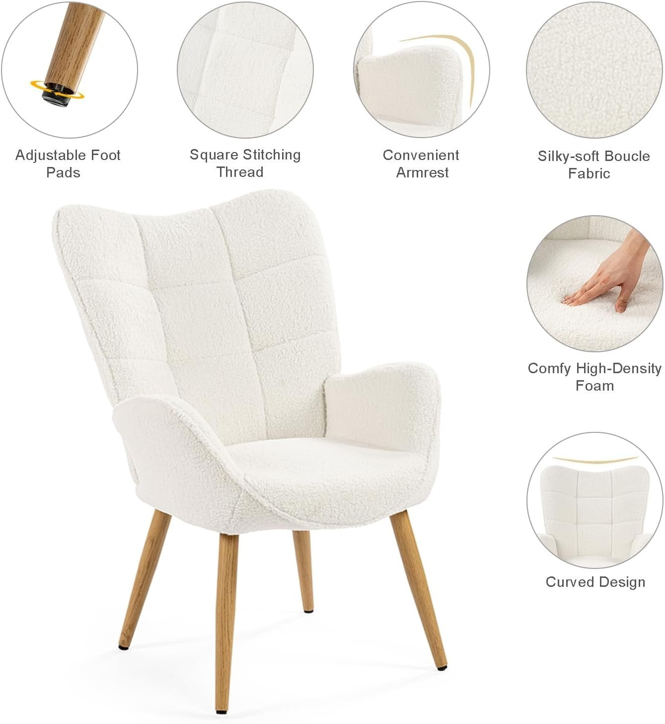 Beige Wingback Armchair Sherpa Fleece Lounge Chair, Padded & Wooden Legs