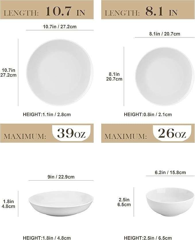 24 Piece White Dinner Set Plates Bowls Porcelain Chip Resistant Service for 6