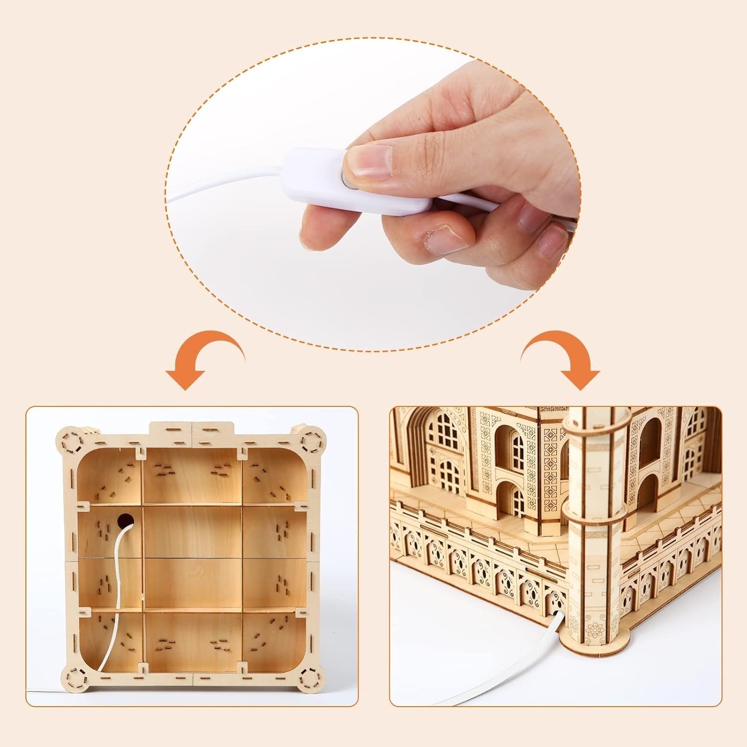 3D Wooden Taj Mahal Puzzle with LED Light, DIY Architectural Model Kit, 388 PCS