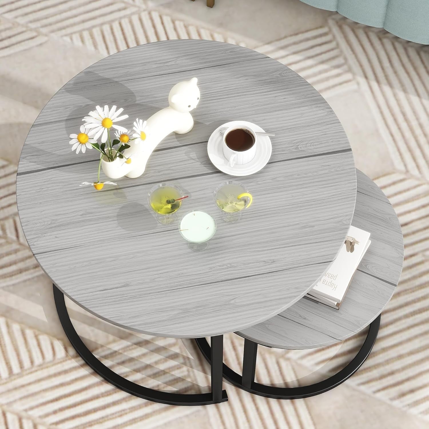 Round Nesting Coffee Table Set Grey Engineered Wood Steel Frame Space Saver