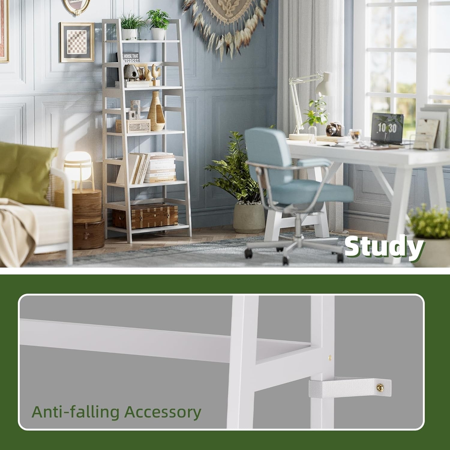 White 5-Tier Bamboo Ladder Bookcase, Heavy Duty Tall Display Storage Shelf