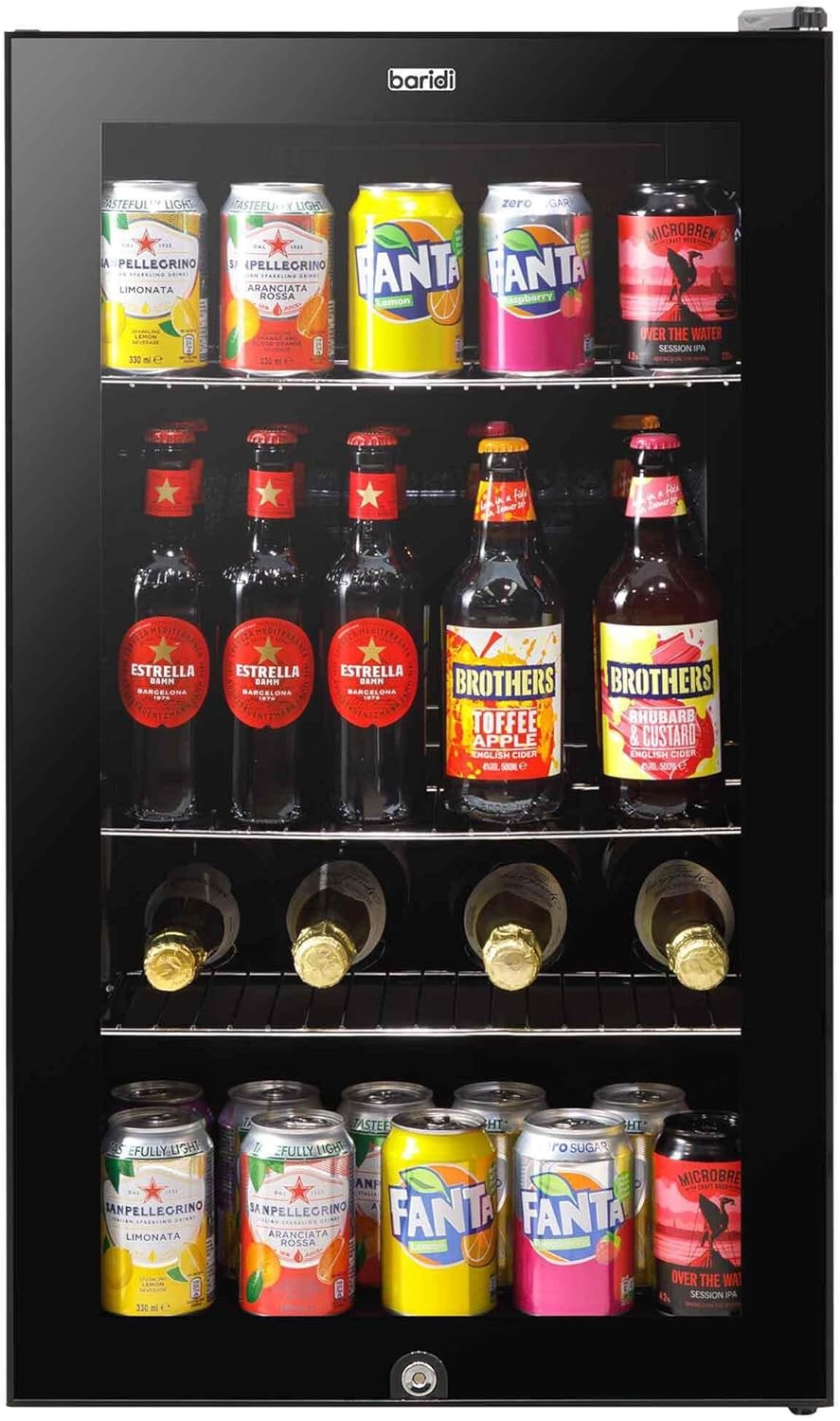 85L Under Counter Drinks Fridge Beer & Wine Cooler Glass Door LED Black