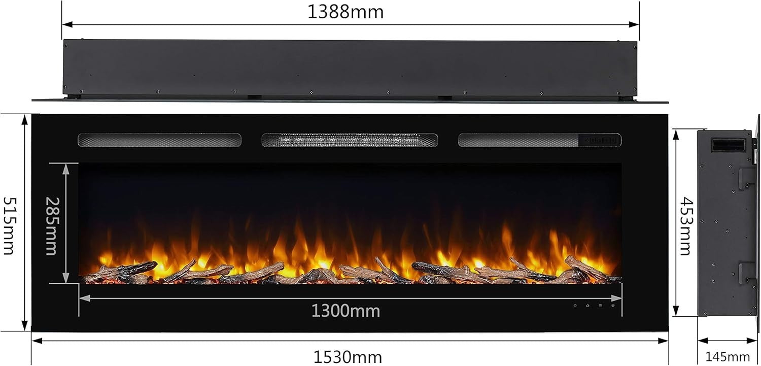 60” Recessed Wall Electric Fireplace Remote Control Log Crystal Flame Heat