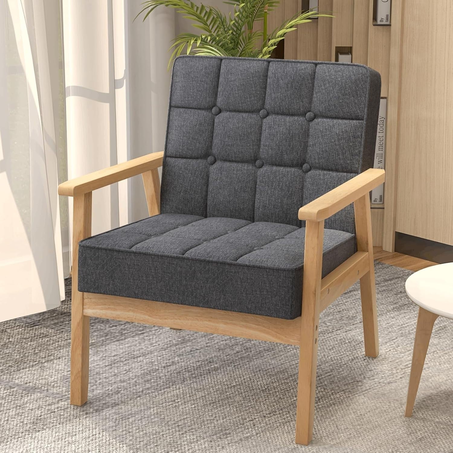 Grey Fabric Accent Chair Wooden Arm Tufted Lounge Armchair Sofa Seat