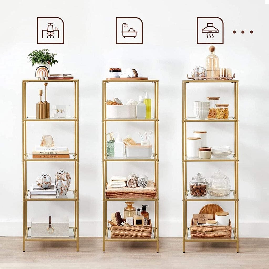 Tall 5-Tier Gold Glass Shelf Unit | Modern Display Rack Storage for Home Office
