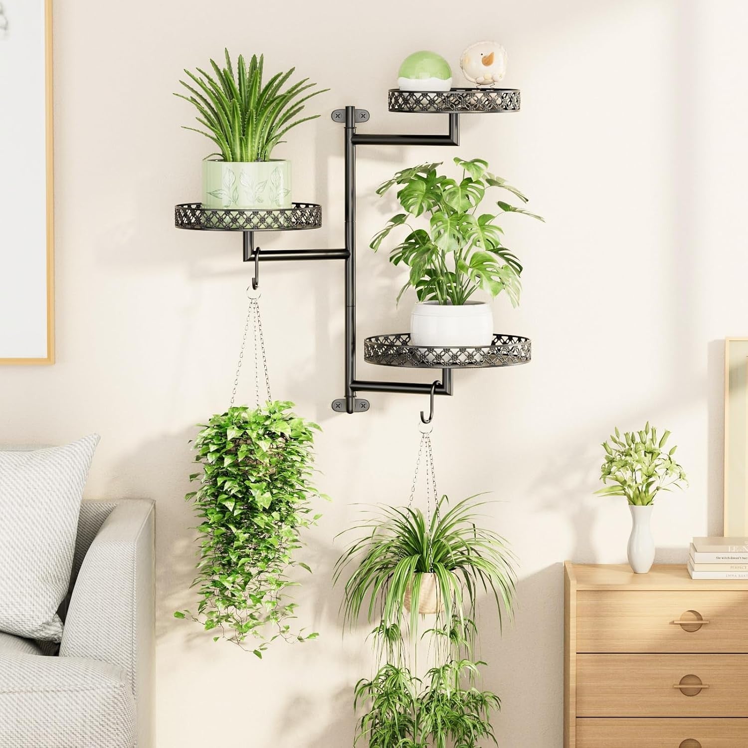 3 Tier Rotating Window Plant Shelf | Metal Wall Hanging Planter Rack with Hooks