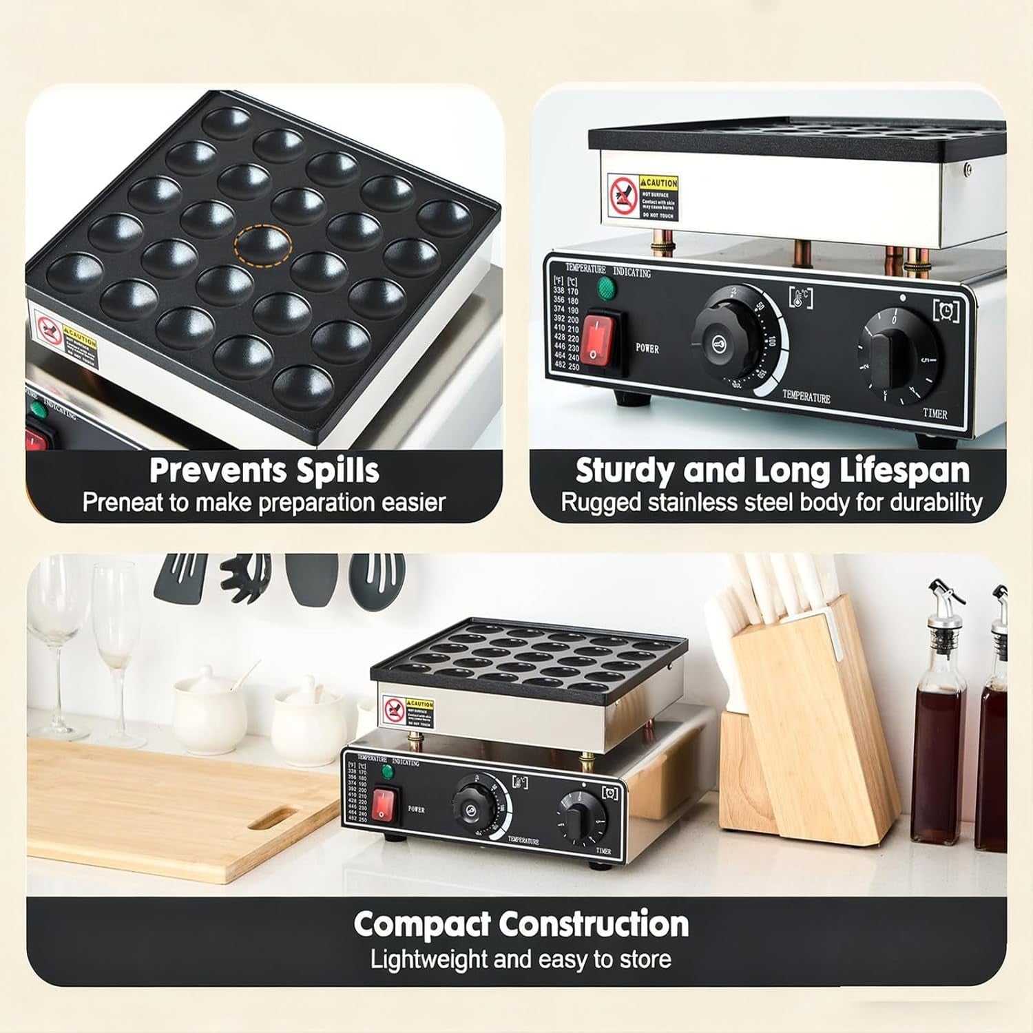 Commercial Mini Dutch Pancake Maker 25-Hole Non-Stick Electric 900W