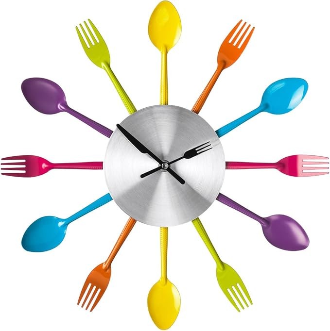 Colourful Cutlery Wall Clock Modern Spoon Fork Kitchen Decor Silent 37cm