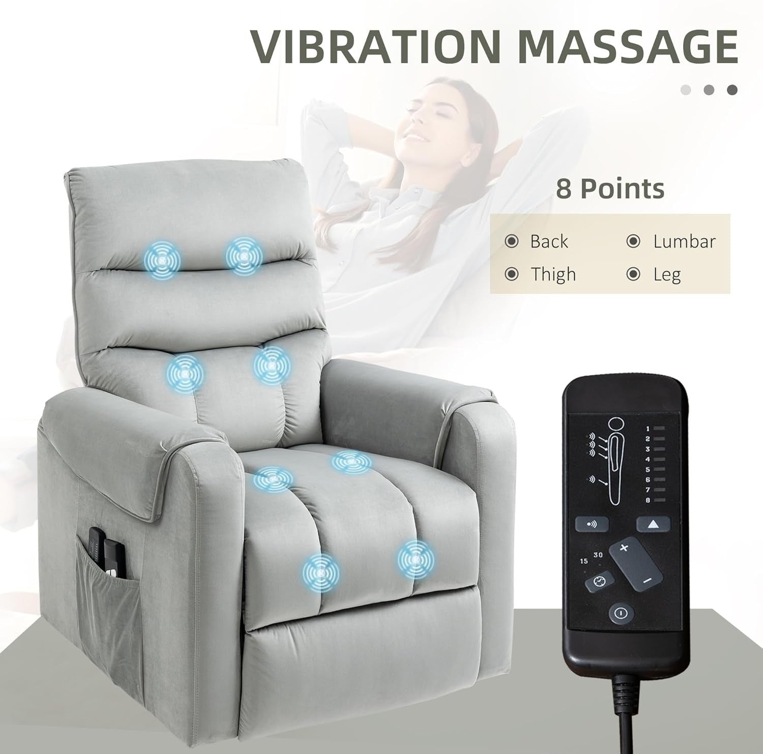 Power Lift Recliner Chair Massage 135° Recline Velvet Upholstered Pockets Grey