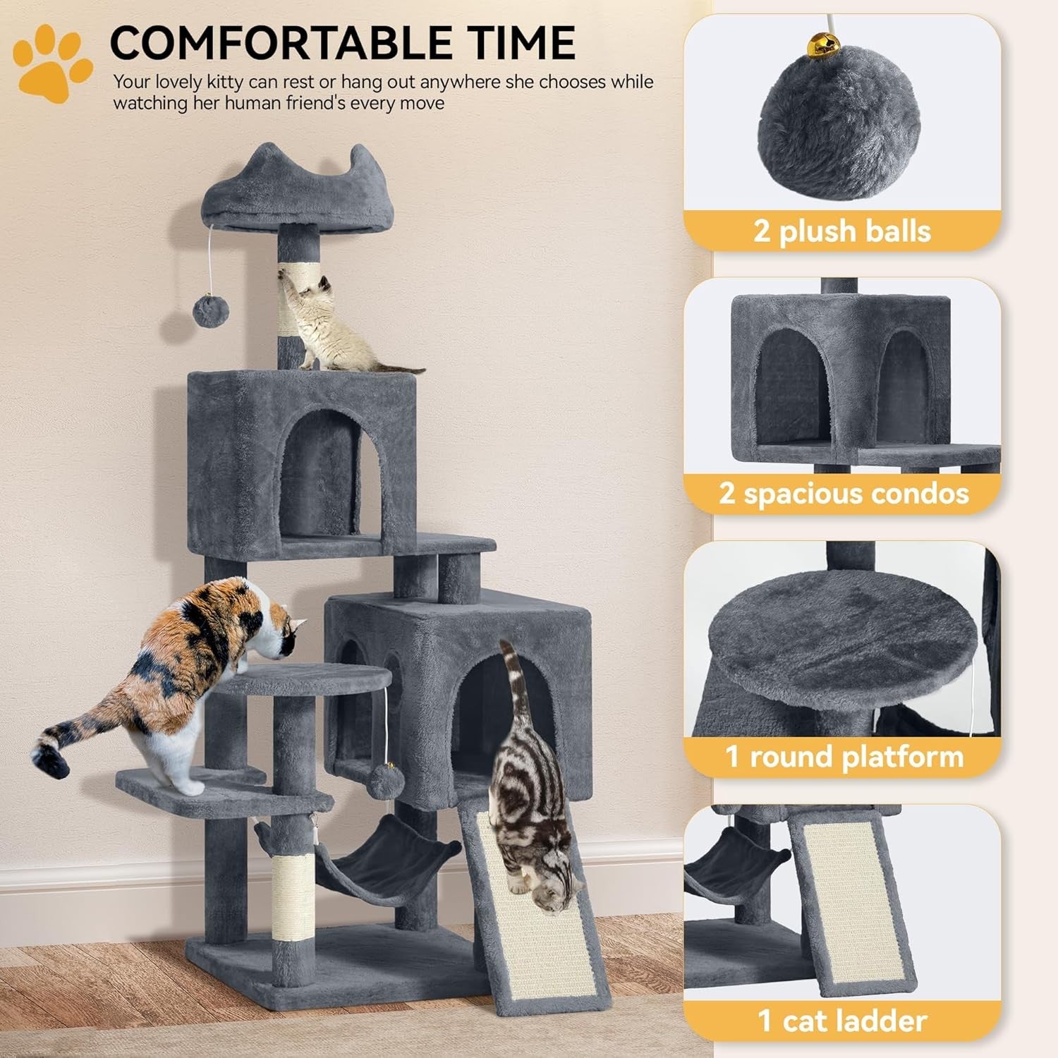 Large Cat Tree Tower 137cm Scratching Post Hammock Multi-Level XL