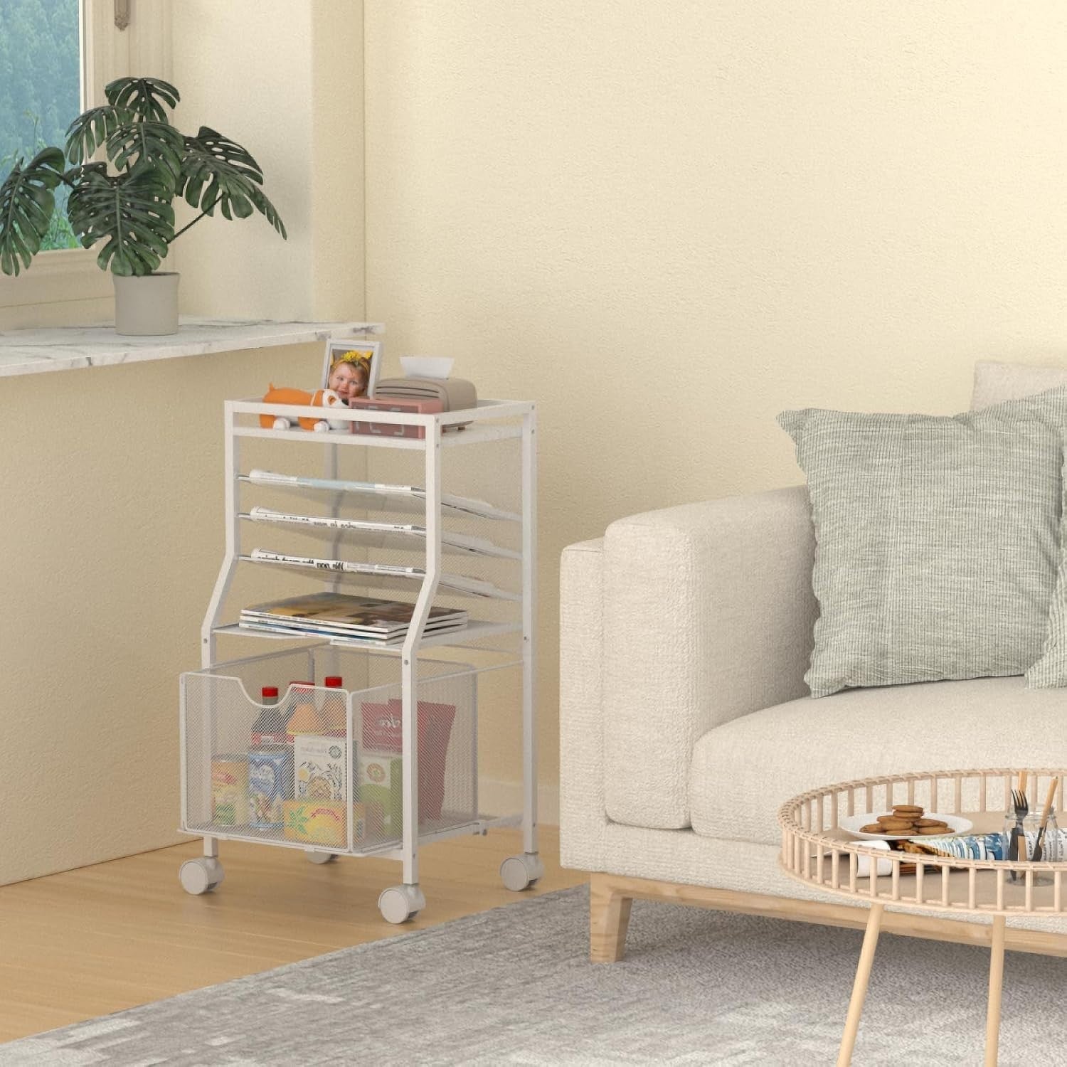 Rolling File Cart Under Desk 6 Tier Storage Organiser w Wheels White