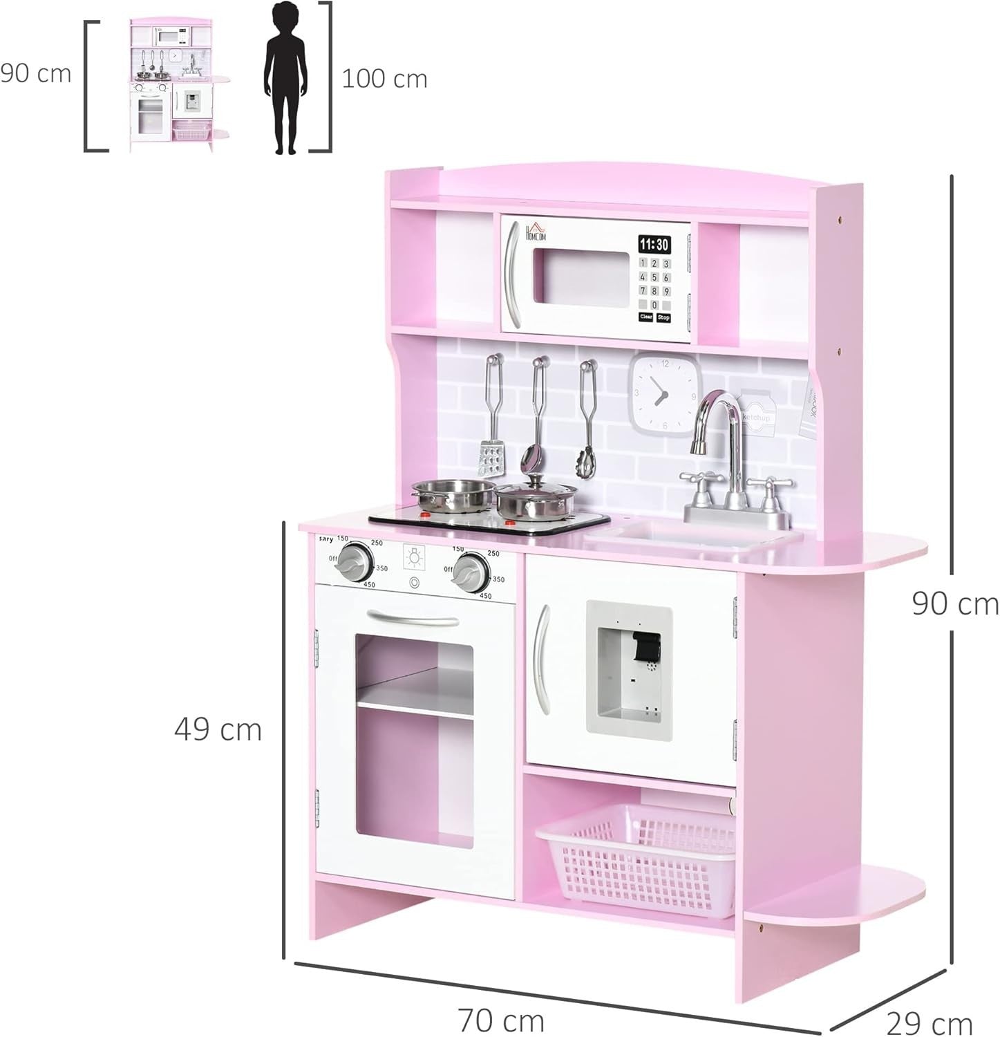 Kids Wooden Play Kitchen w/ Lights Sounds Microwave Pink Toy Set