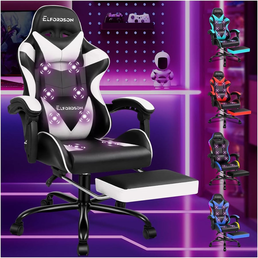 Massage Gaming Chair Recliner w/ Footrest 150° Swivel PU White