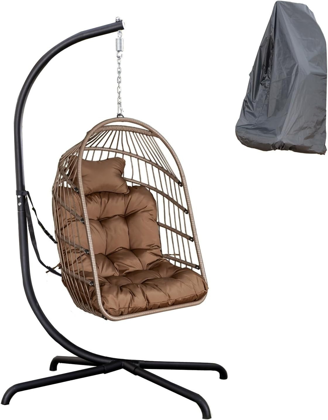 Hanging Swing Egg Chair with Stand & Soft Cushion for Indoor Outdoor Dark Coffee