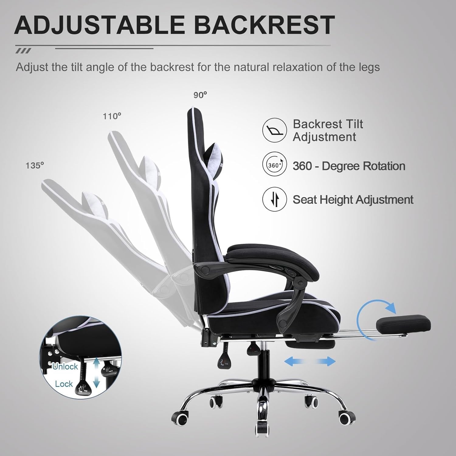 Ergonomic Fabric Gaming Chair Massage Lumbar Footrest Purple