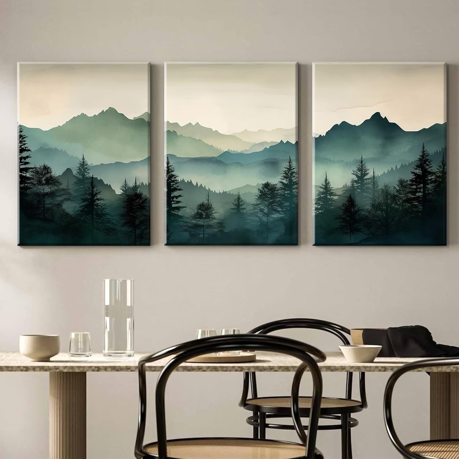 Sage Green Mountain Forest Wall Art Set of 3 Framed 12x16in