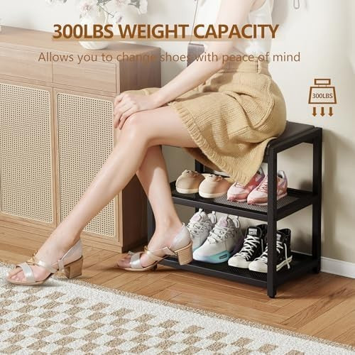 Black Shoe Bench with Cushion & Sturdy Metal Frame, Storage Rack Seat