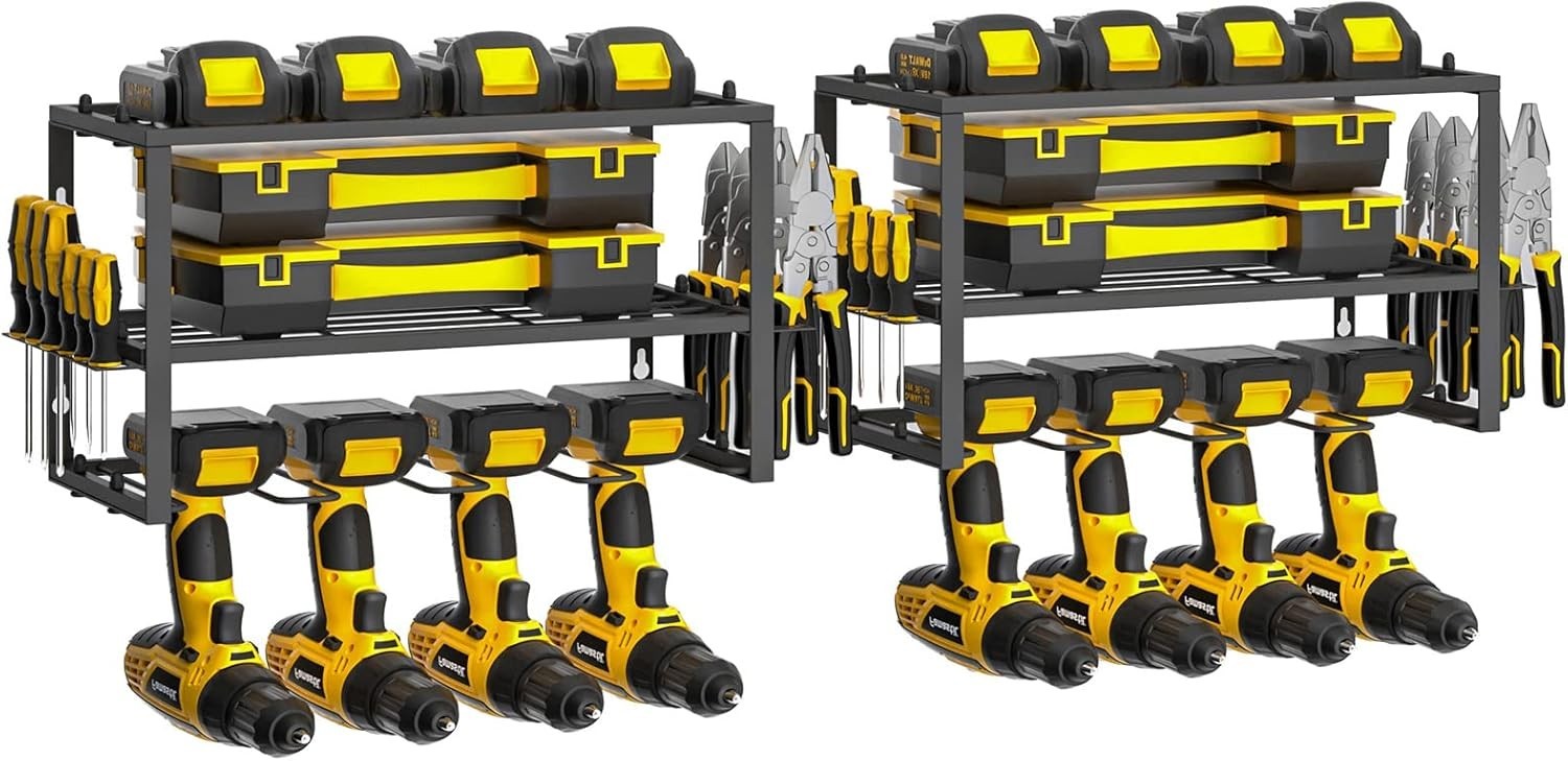 Heavy Duty Drill Storage Rack 2-Pack Floating Shelf 8 Drill Holders Yellow