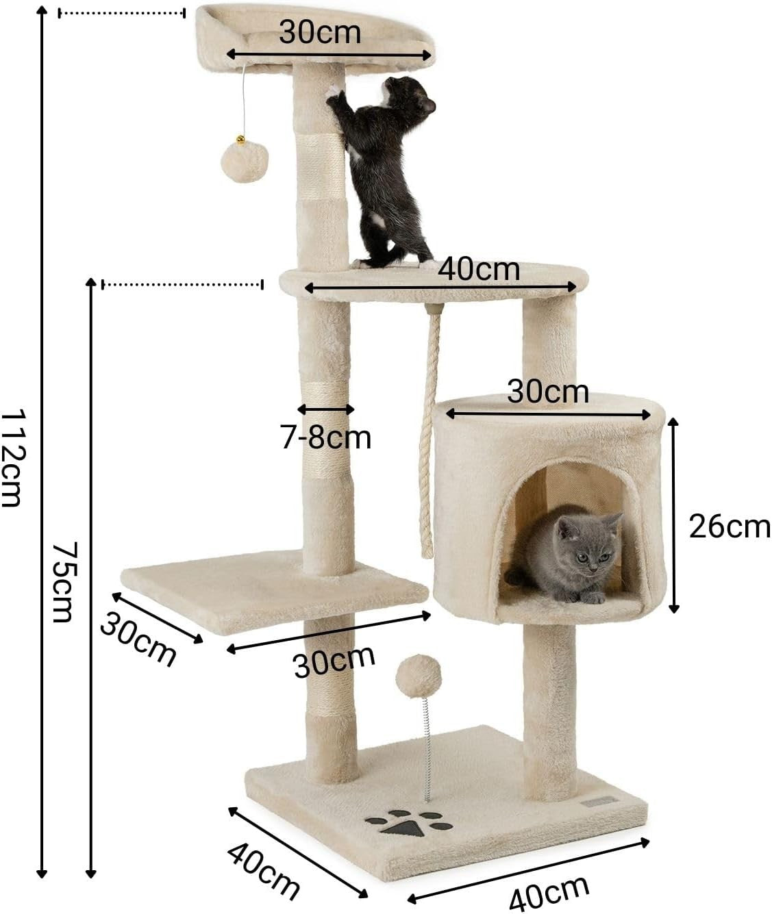 Cat Tree Scratching Post 112cm with Condo Sisal Rope Beige Tower
