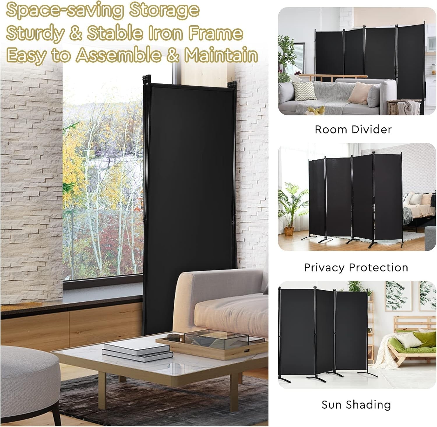 4 Panel Folding Room Divider Privacy Screen Freestanding Partition Wall Black