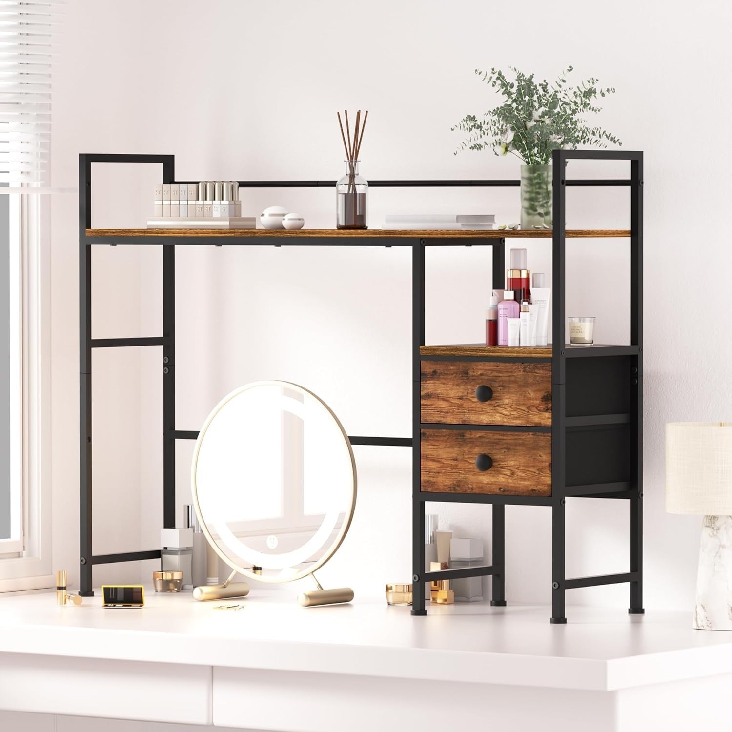 39" Desk Hutch Shelf Rustic Brown | 4-Tier Desktop Organizer Rack with Drawers