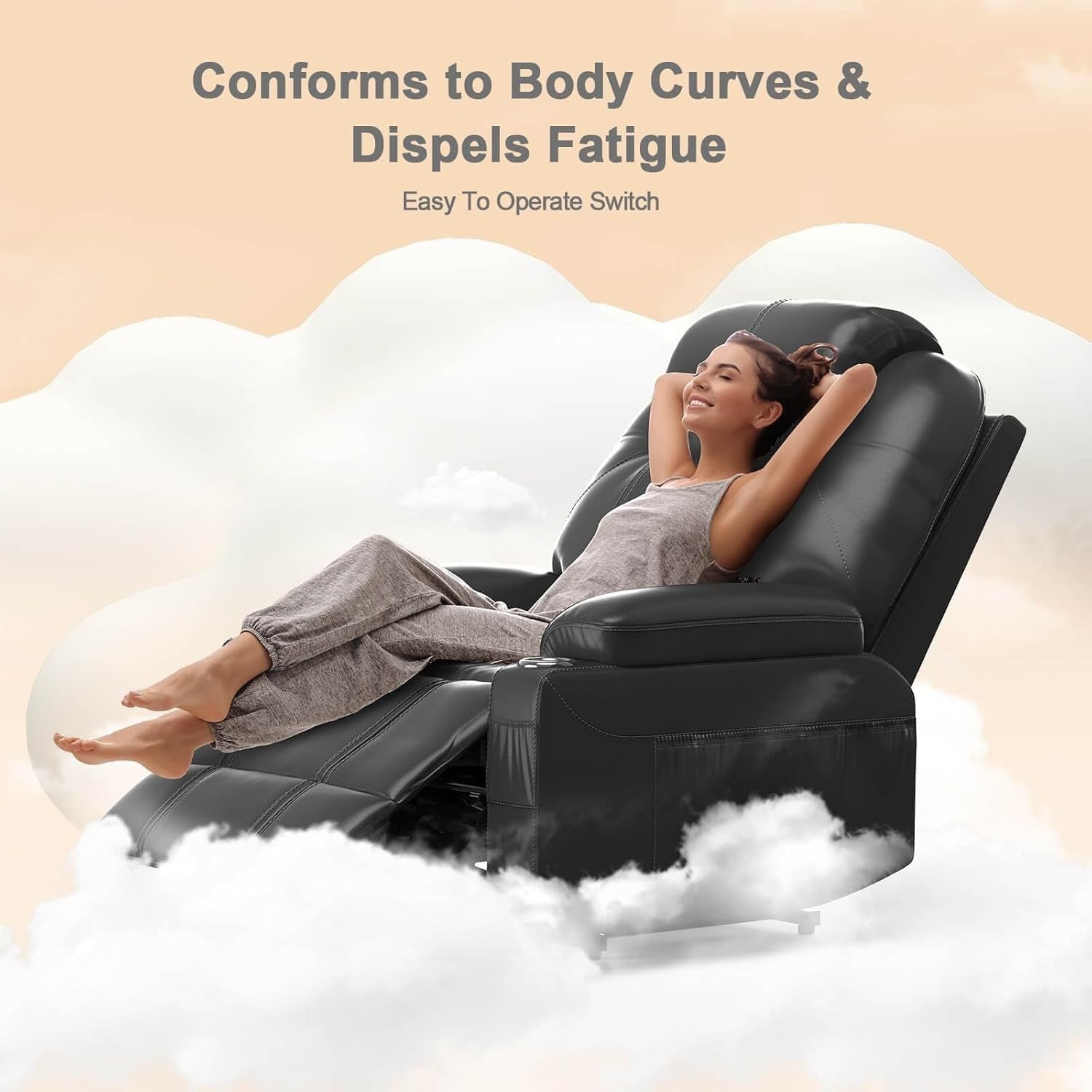 Power Lift Recliner Chair Massage Heat USB Type-C Cup Holders Faux Leather Black