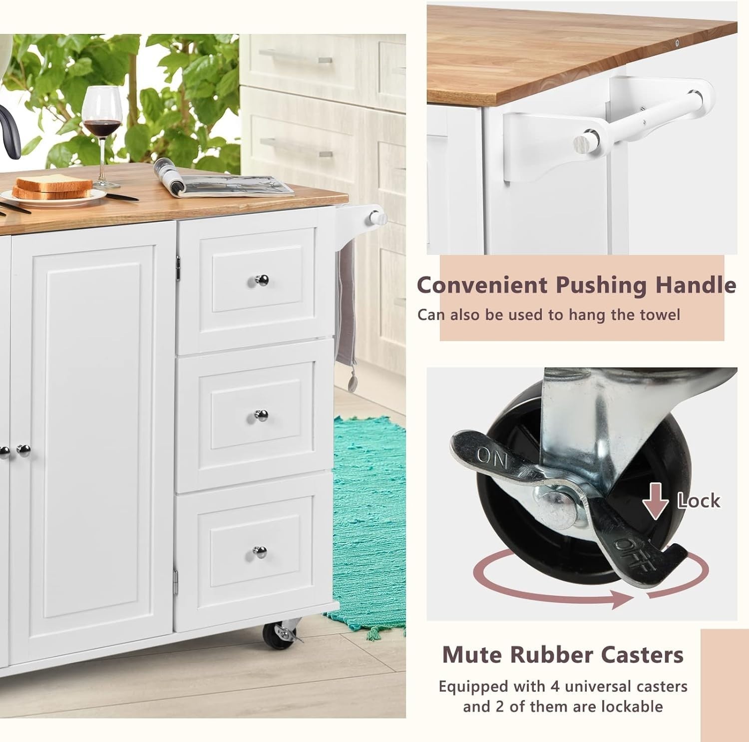 Rolling Kitchen Island Cart with Extendable Wood Top, 3 Drawers & Shelves