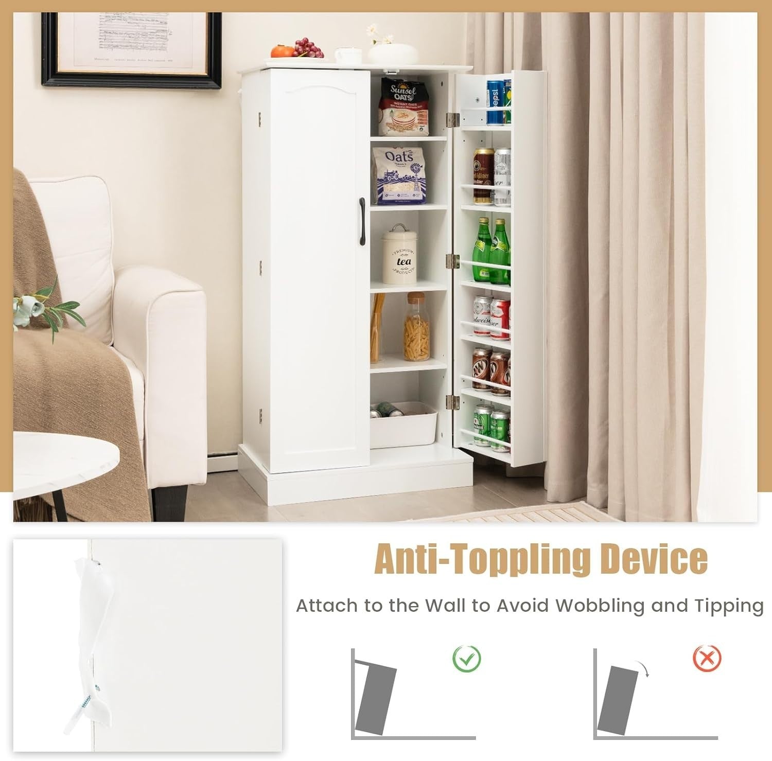 White 60x40x120cm Kitchen Cupboard Pantry Cabinet Lockable Adjustable