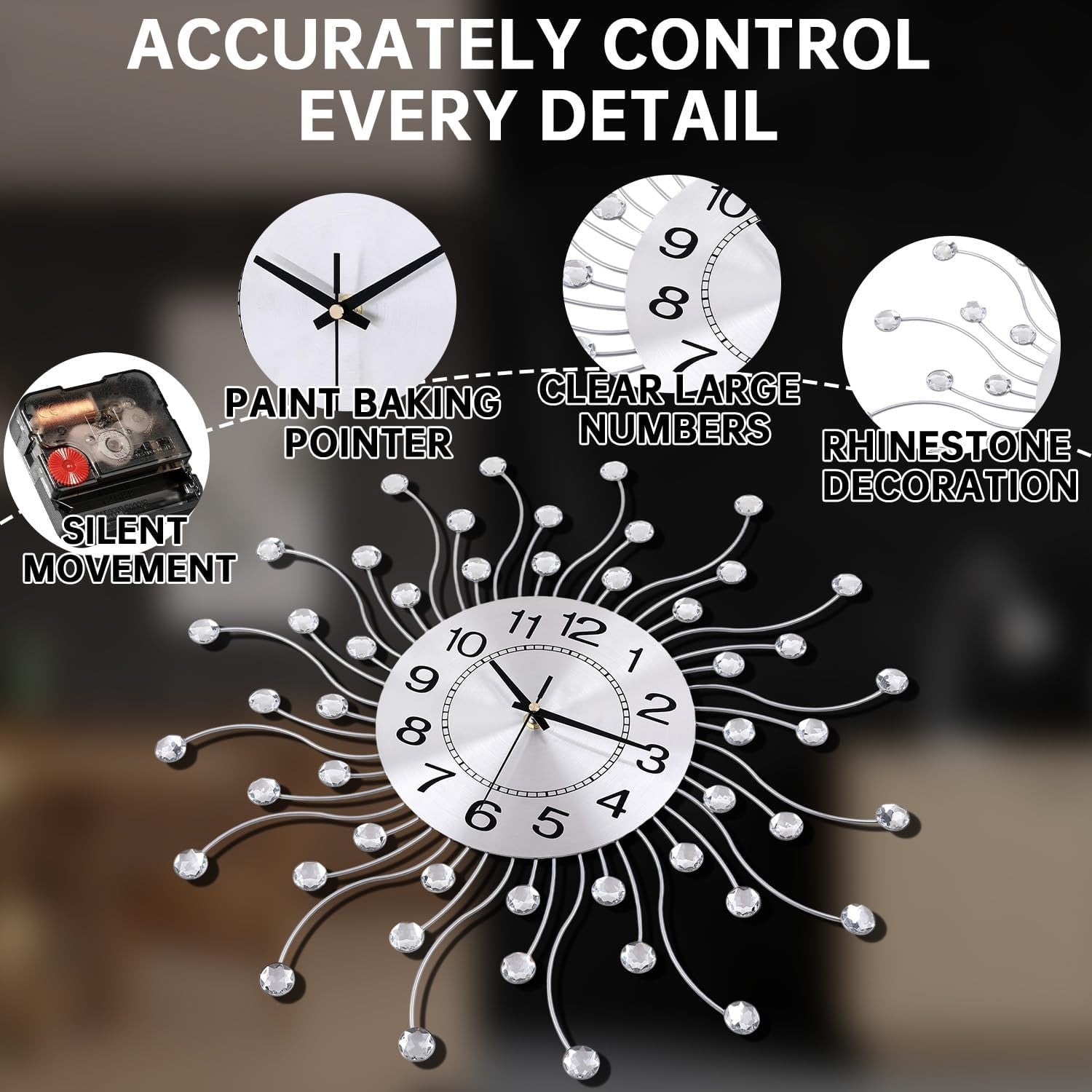 Modern Large Wall Clock 20" Silver Crystal Silent Non-Ticking Home Decor
