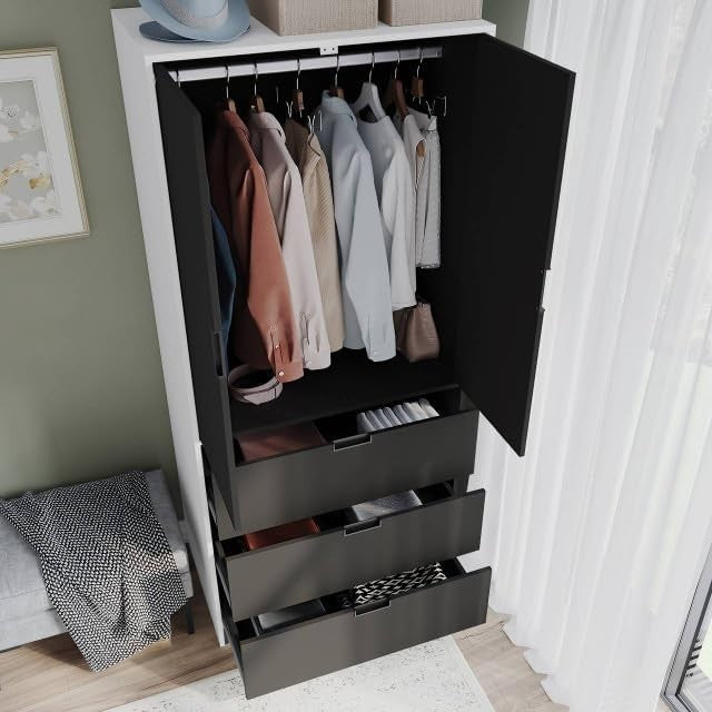 Tall Black Wardrobe with Rail & 3 Drawers | Modern 2 Door Bedroom Storage