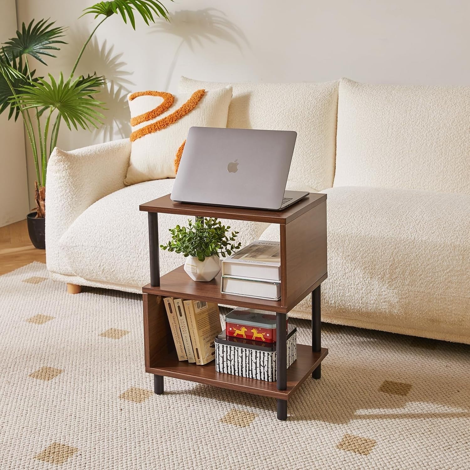 Modern S-Shaped 3-Tier Wooden Side Table with Storage – Compact & Durable