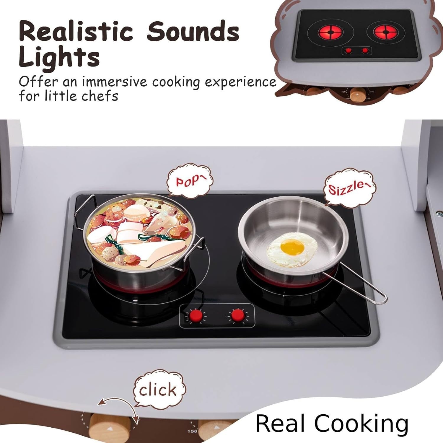 Kids Wooden Play Kitchen Light Sound Ice Dispenser Cooking Toy Brown
