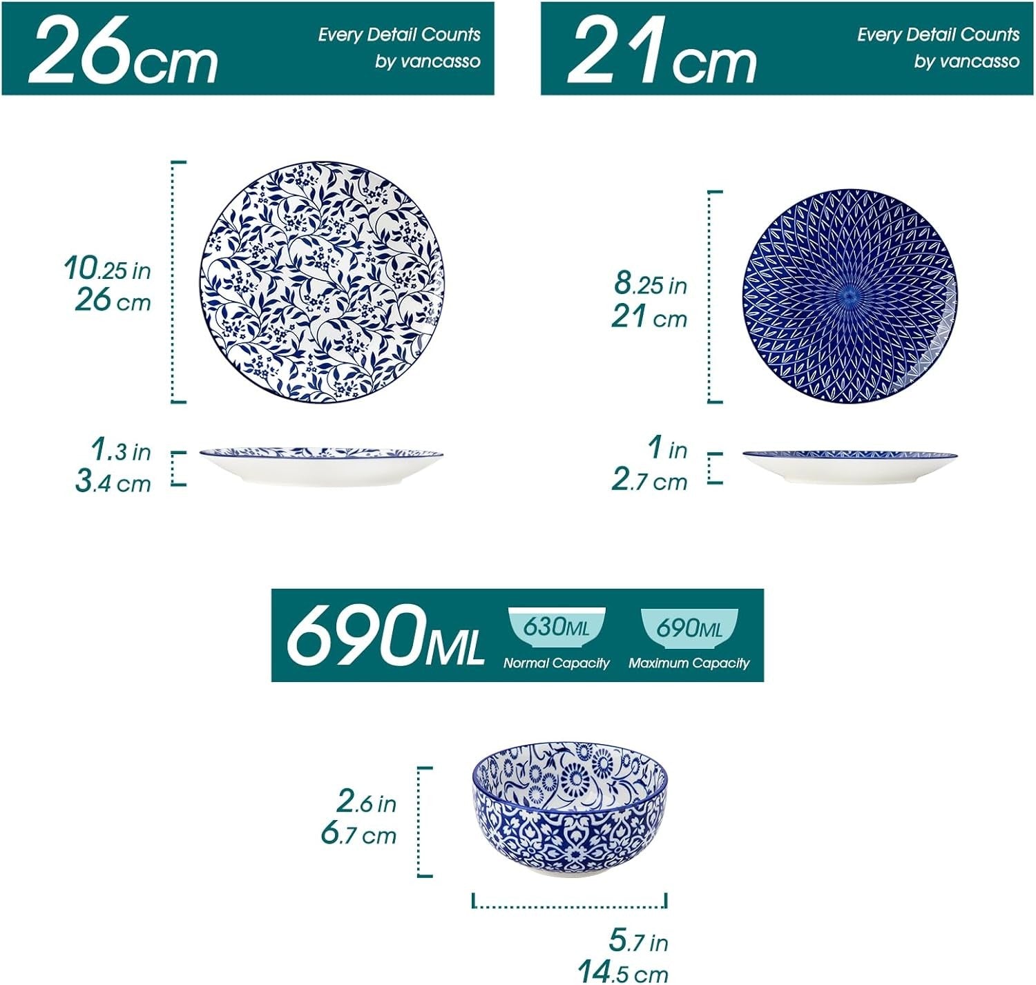 36pc Porcelain Dinnerware Set Blue White Plates Bowls Dishwasher Safe