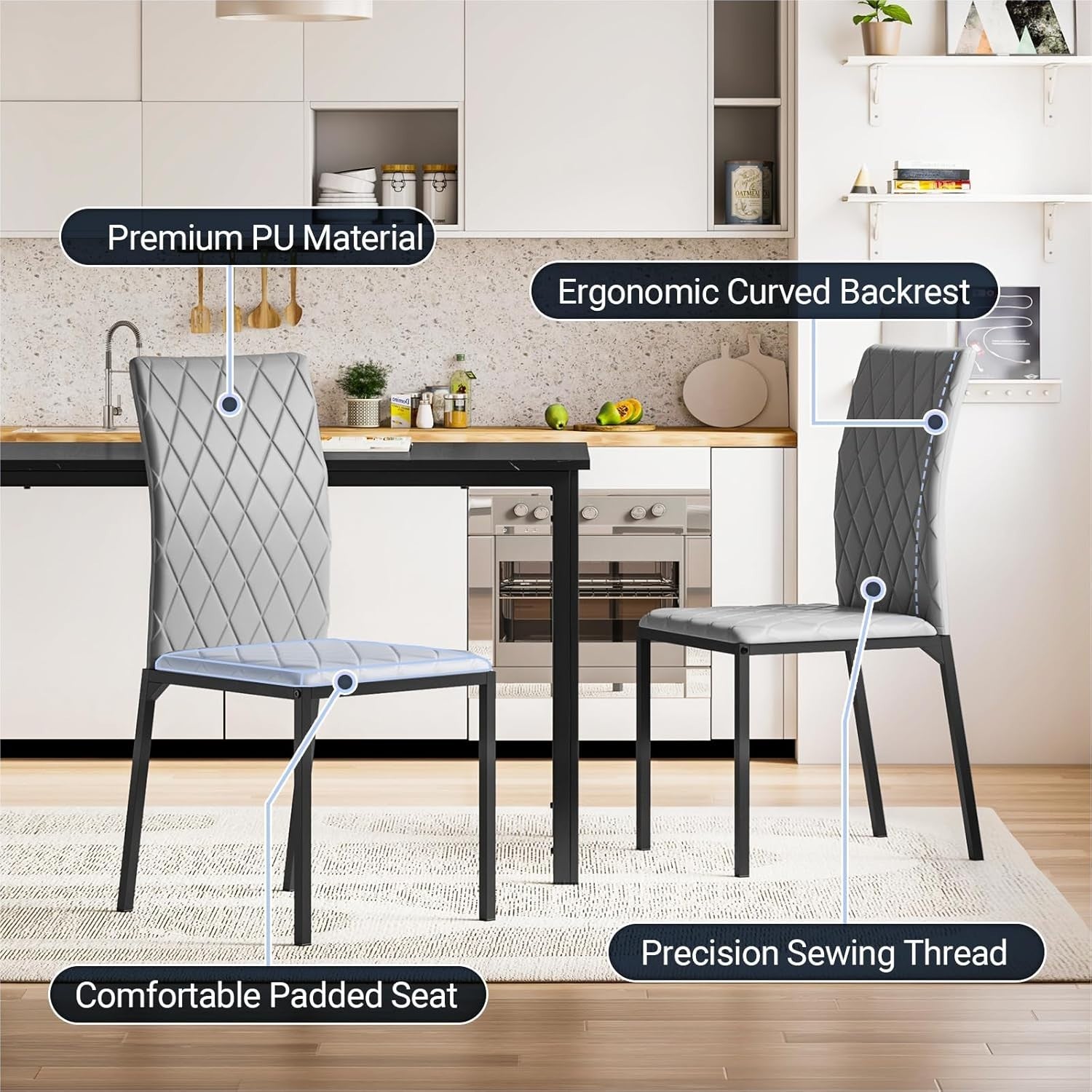 Modern Marble Effect Dining Table Set 4 PU Leather Chairs Kitchen Grey