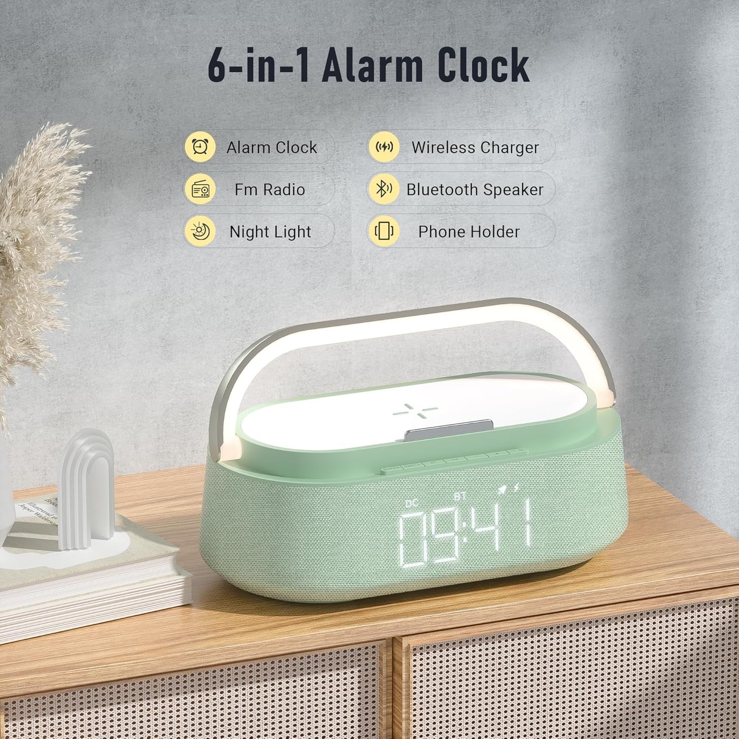 Bluetooth Speaker Wireless Charger FM Radio LED Night Light Alarm Clock