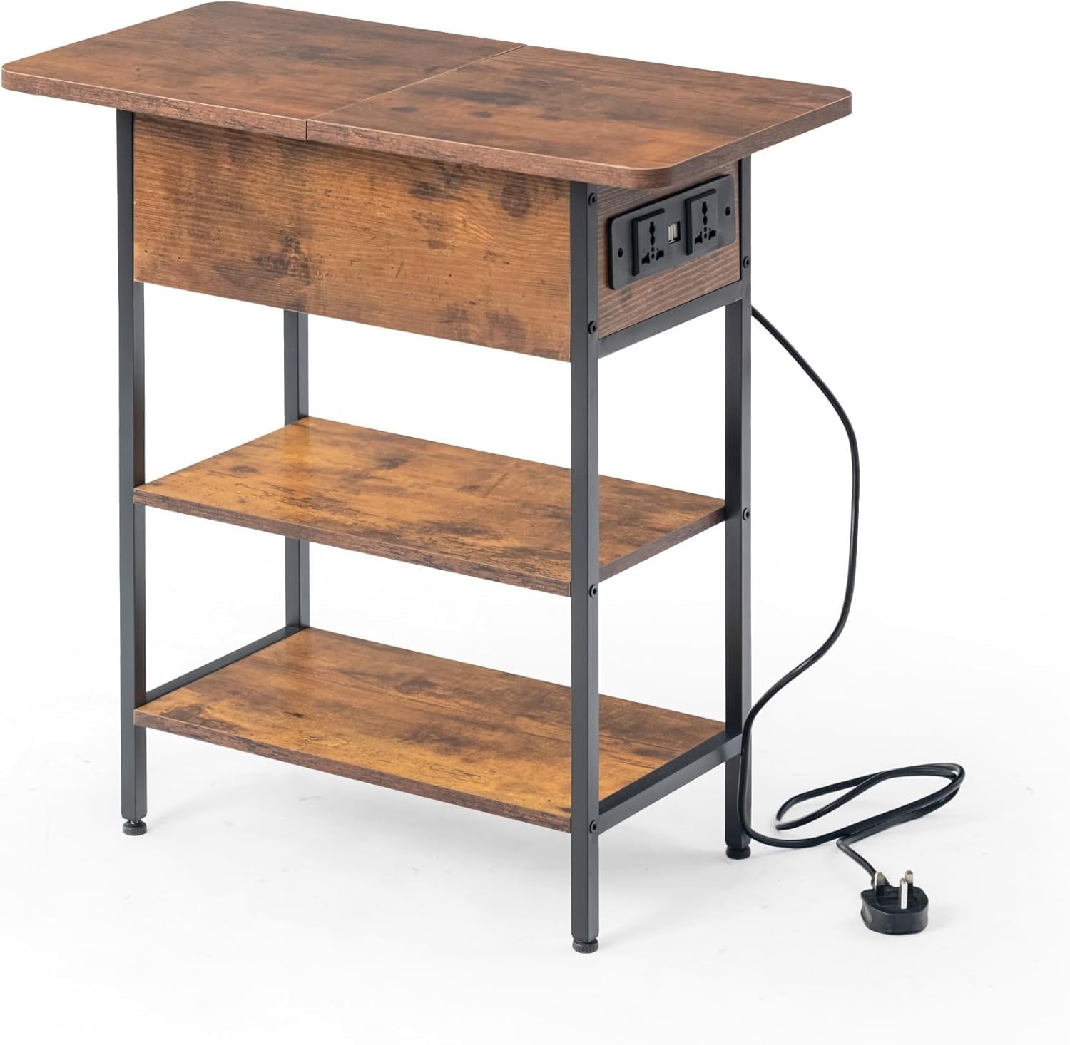 Slim Side Table with USB Ports Power Outlets & Storage, Industrial Brown