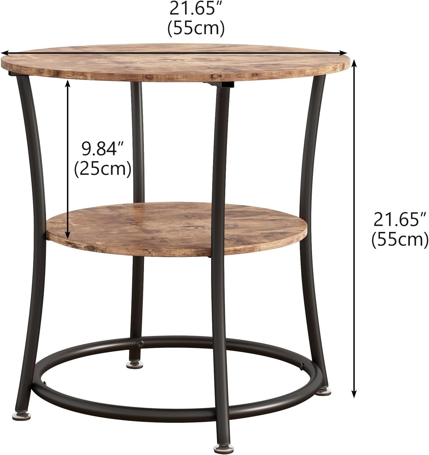 Round 2-Tier Rustic Brown Side Table, 55cm Coffee Table with Storage Shelf