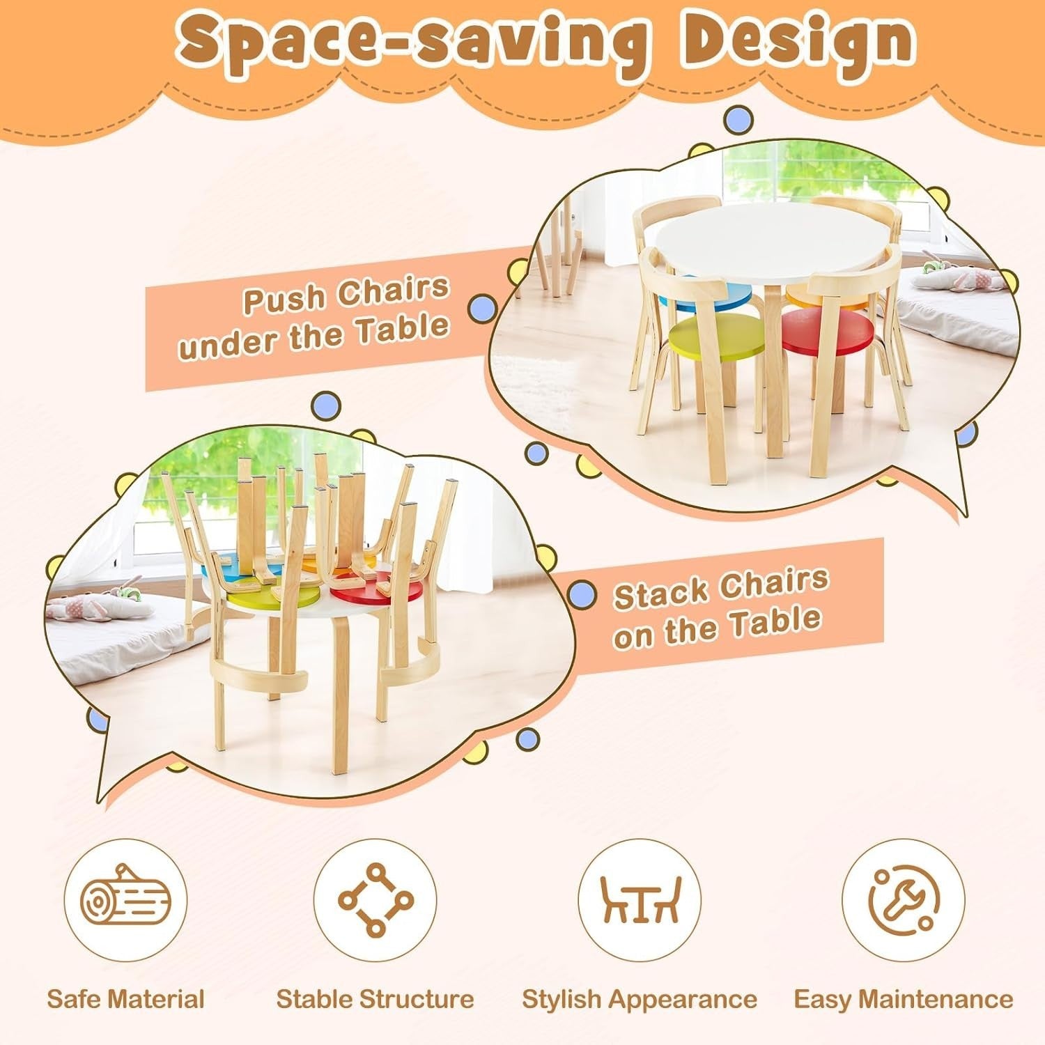 Kids Wooden Table & 4 Chairs Set Bright Colors Activity Desk for Playroom