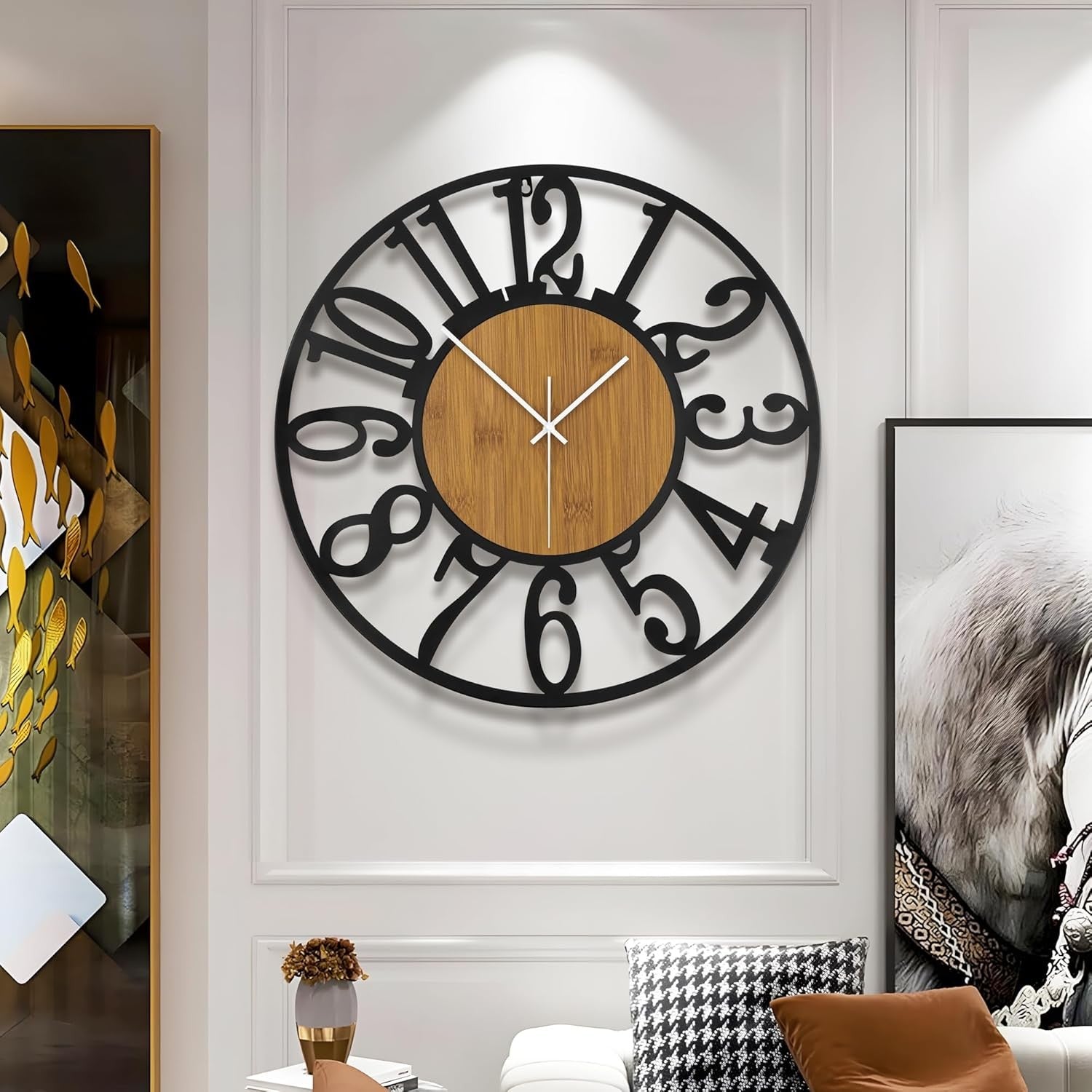 Large 50cm Silent Wall Clock Modern Rustic Metal Wood Arabic Number Decor