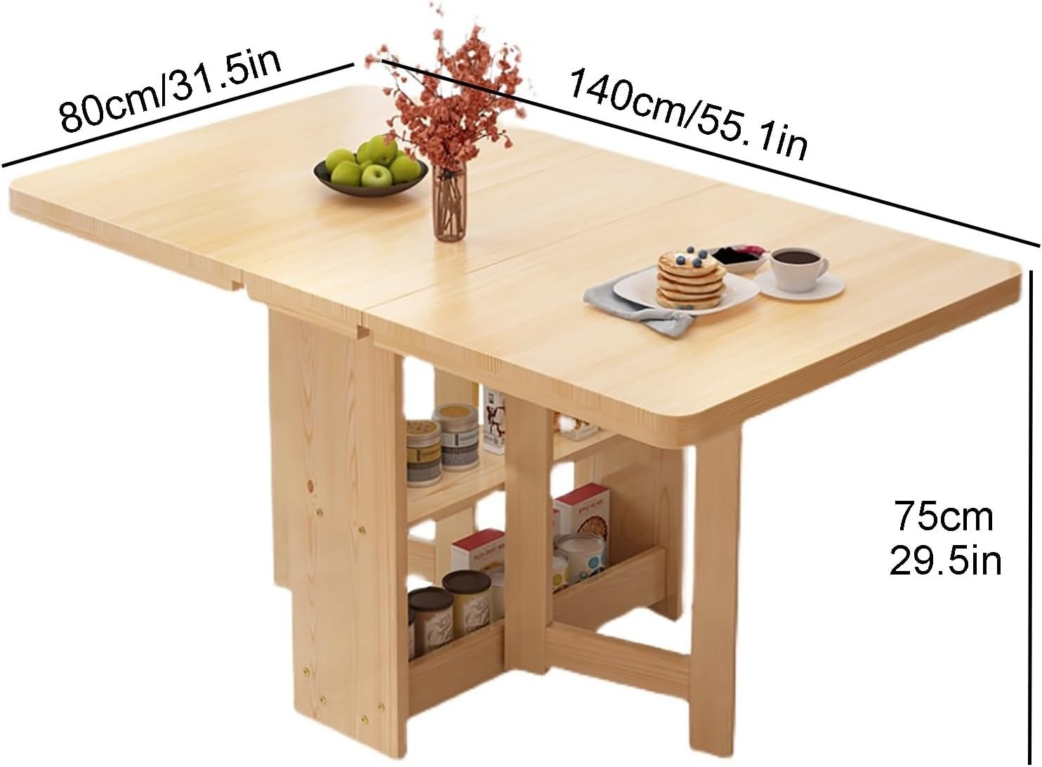 Foldable Drop Leaf Kitchen Table with Storage Rack Solid Wood Space Saving