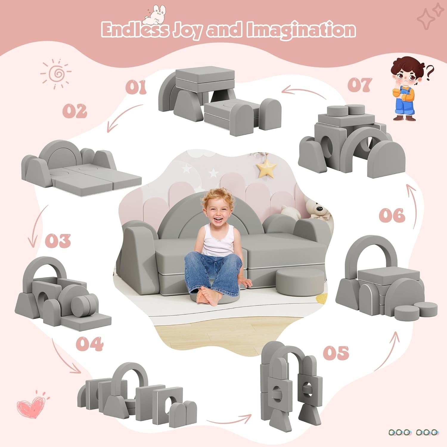 Modular Kids Play Couch & Sofa Bed, Soft Foam Fort for Creative Play