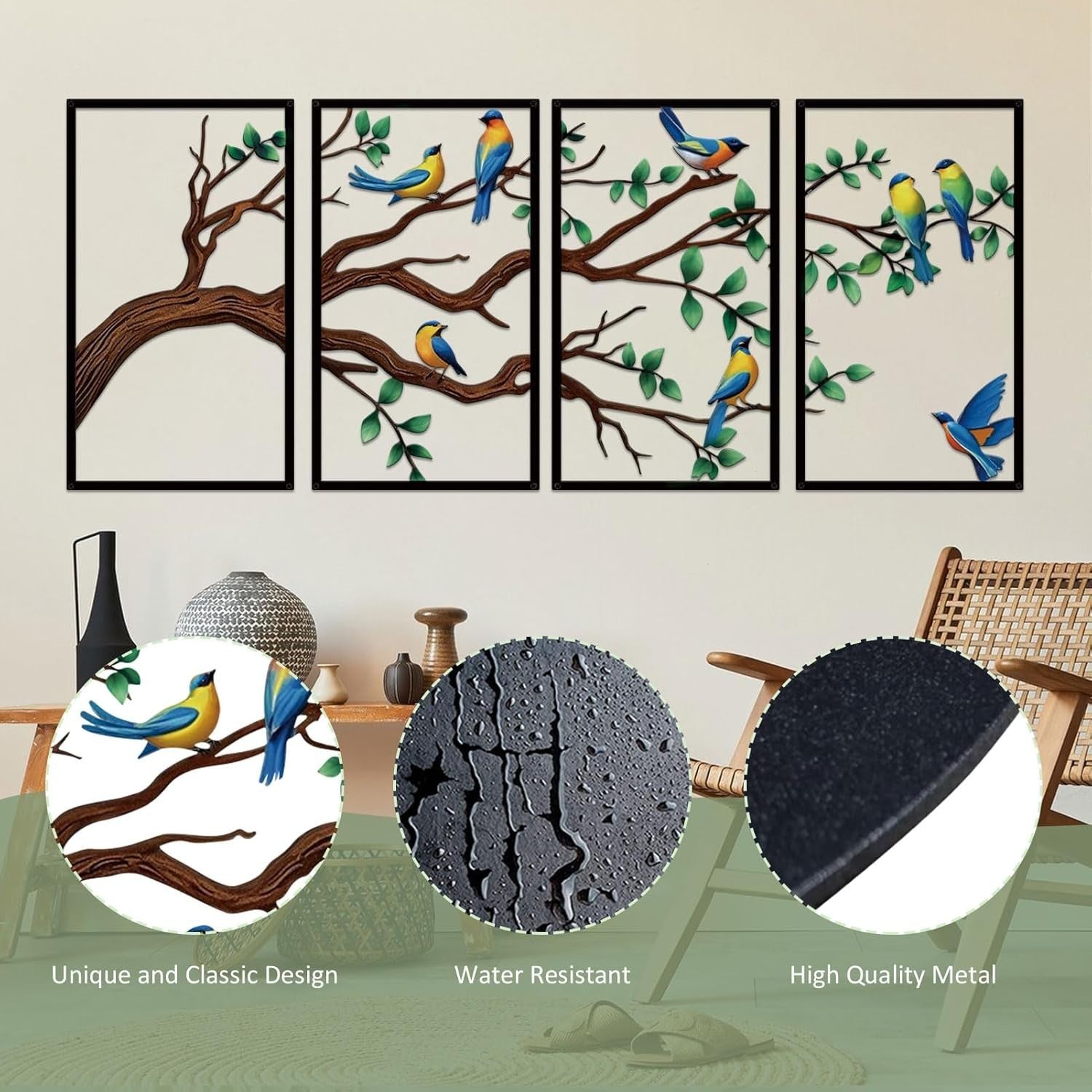 4Pc Metal Birds Branch Wall Art Tree of Life Outdoor Indoor Decor